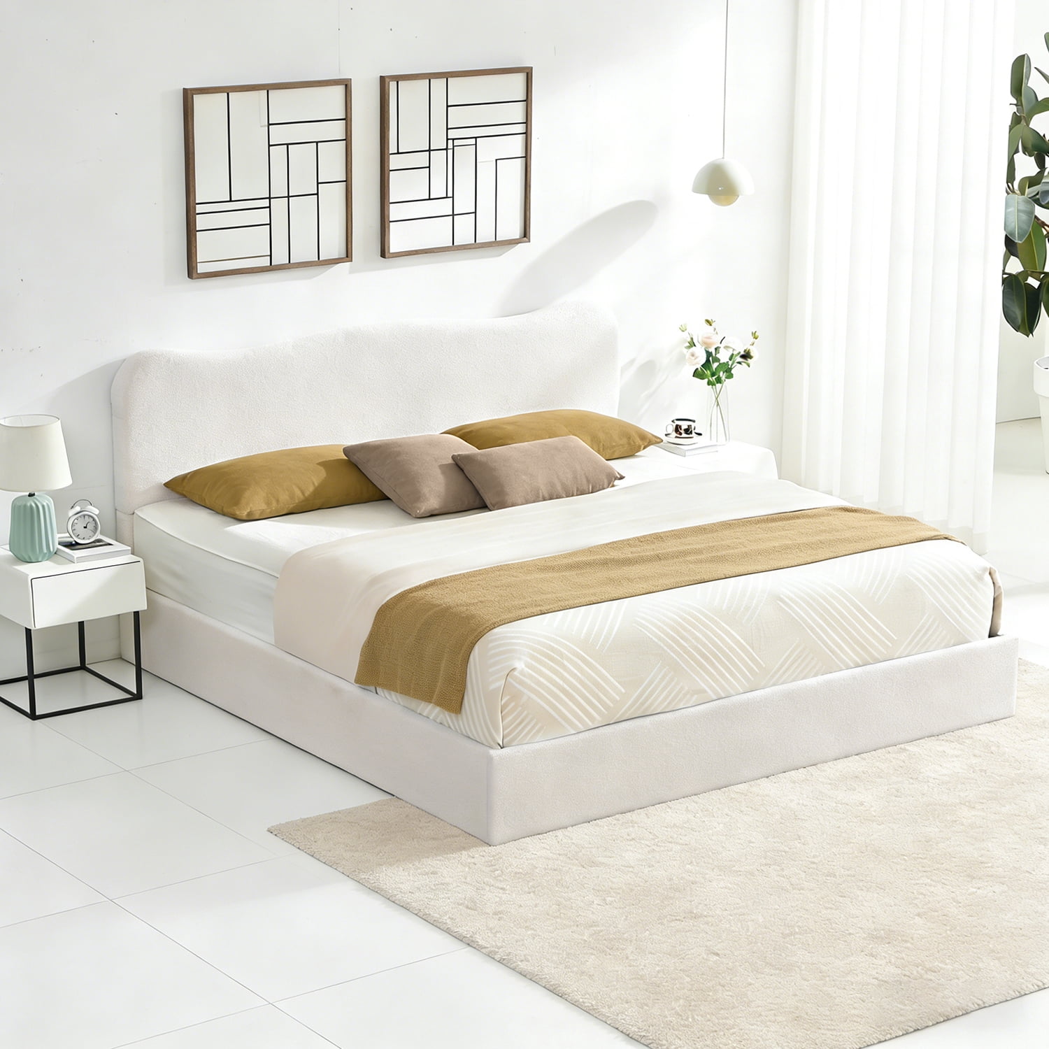 King Size Bed Frame with Lift Up Storage, Boucle Upholstered Platform Bed with Curved Headboard, No Box Spring Needed, Hydraulic Storage, White