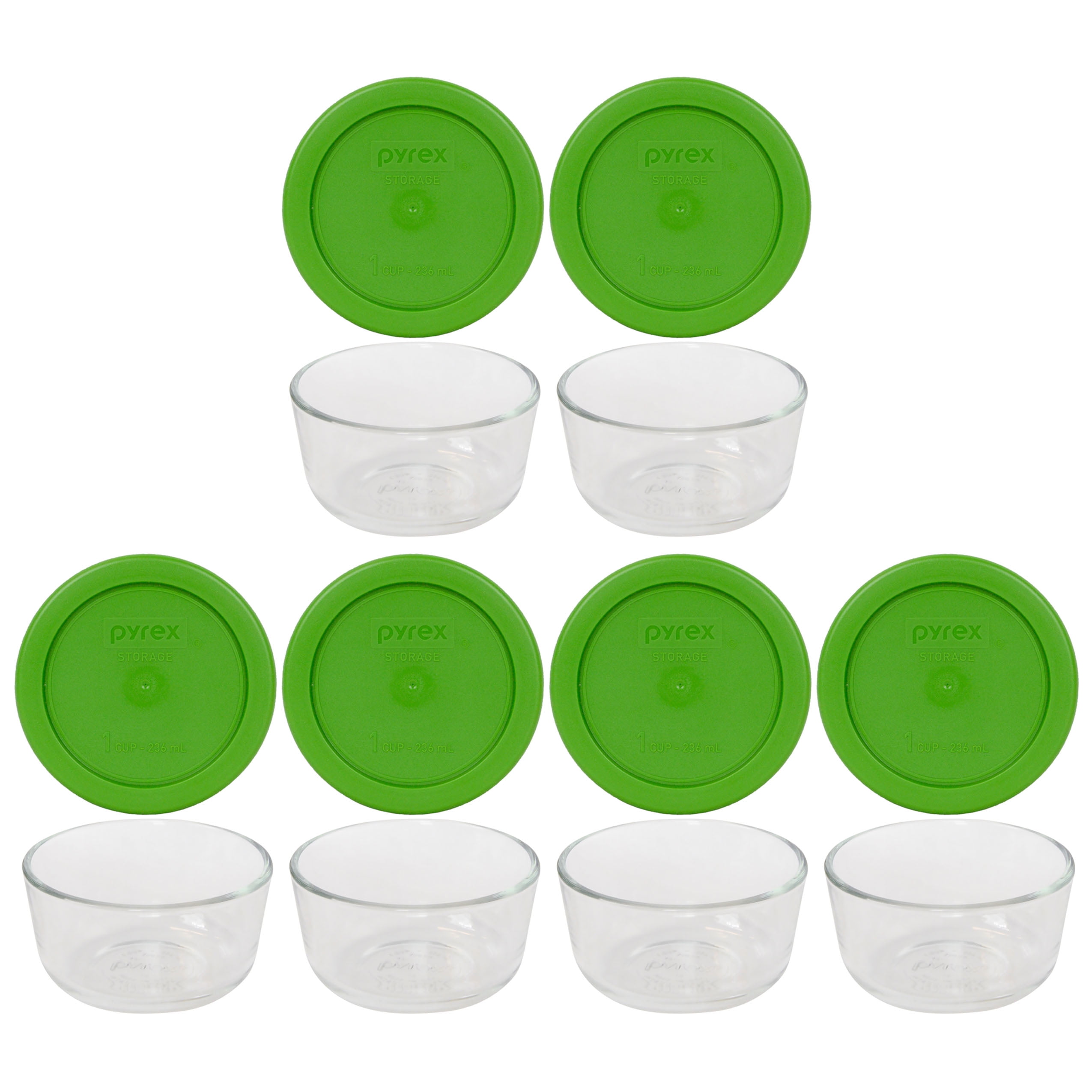 Pyrex 7202 1 Cup Clear Round Glass Food Storage Bowl And 7202 Pc Lawn Green Plastic Lid 6 Pack