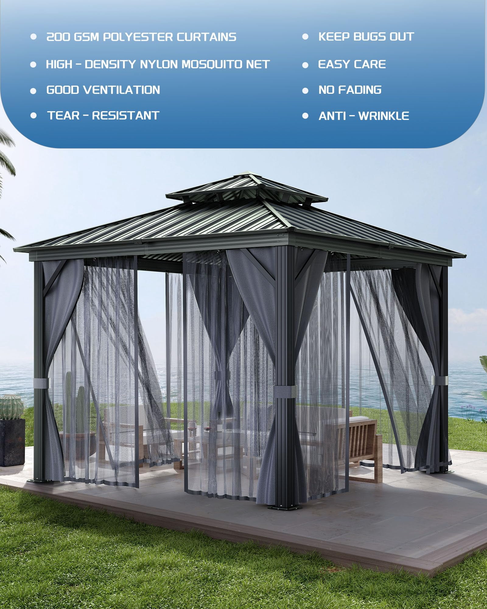 Garvee Double Roof Hardtop Gazebo, Durable Aluminum Frame, Mosquito Netting & Privacy Curtains – Outdoor Pavilion Canopy for Patio, Garden, Deck, Backyard Parties – Black + Gray, 10x10FT