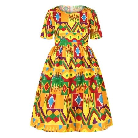 

HTGFGMGW Flower Girl Dresses Toddler Kids Baby Girls African Dashiki Traditional Style Short Sleeve Round Neck Dress Ankara Princess Dresses Outfits 1-6Y Dresses for Girls Yellow