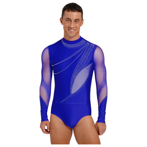 Zaldita Men's Mock Neck Long Sleeve Gymnastics Leotards Skating Bodysuit Royal Blue XL