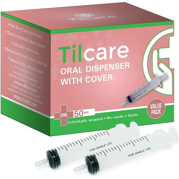 20ml Oral Dispenser Syringe with Covers 50 Pack by Tilcare - Sterile Plastic Medicine Food Droppers for Children, Pets or Adults Latex-Free Oral Medication Dispenser - Large Feeding Tube Syringes