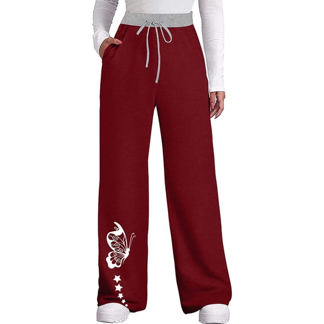 Pantalones de yoga estampados con cordón de pierna ancha y cintura elástica alta informal para mujer Pompotops ulkah938670