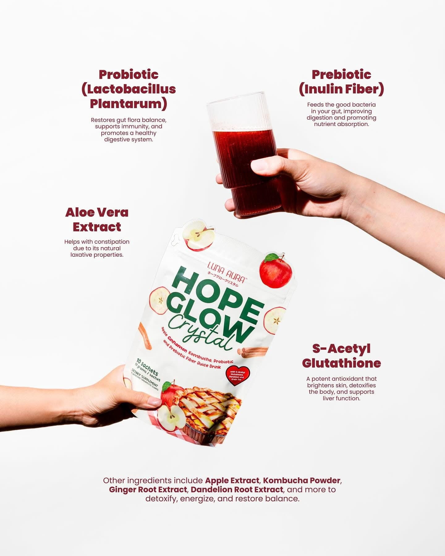 HOPE GLOW Crystal Apple Cinnamon Kombucha - Probiotic & Prebiotic Fiber Juice Drink (18g x 10 Sachets) with S-Acetyl Glutathione for Radiant Skin & Healthy Gut Support