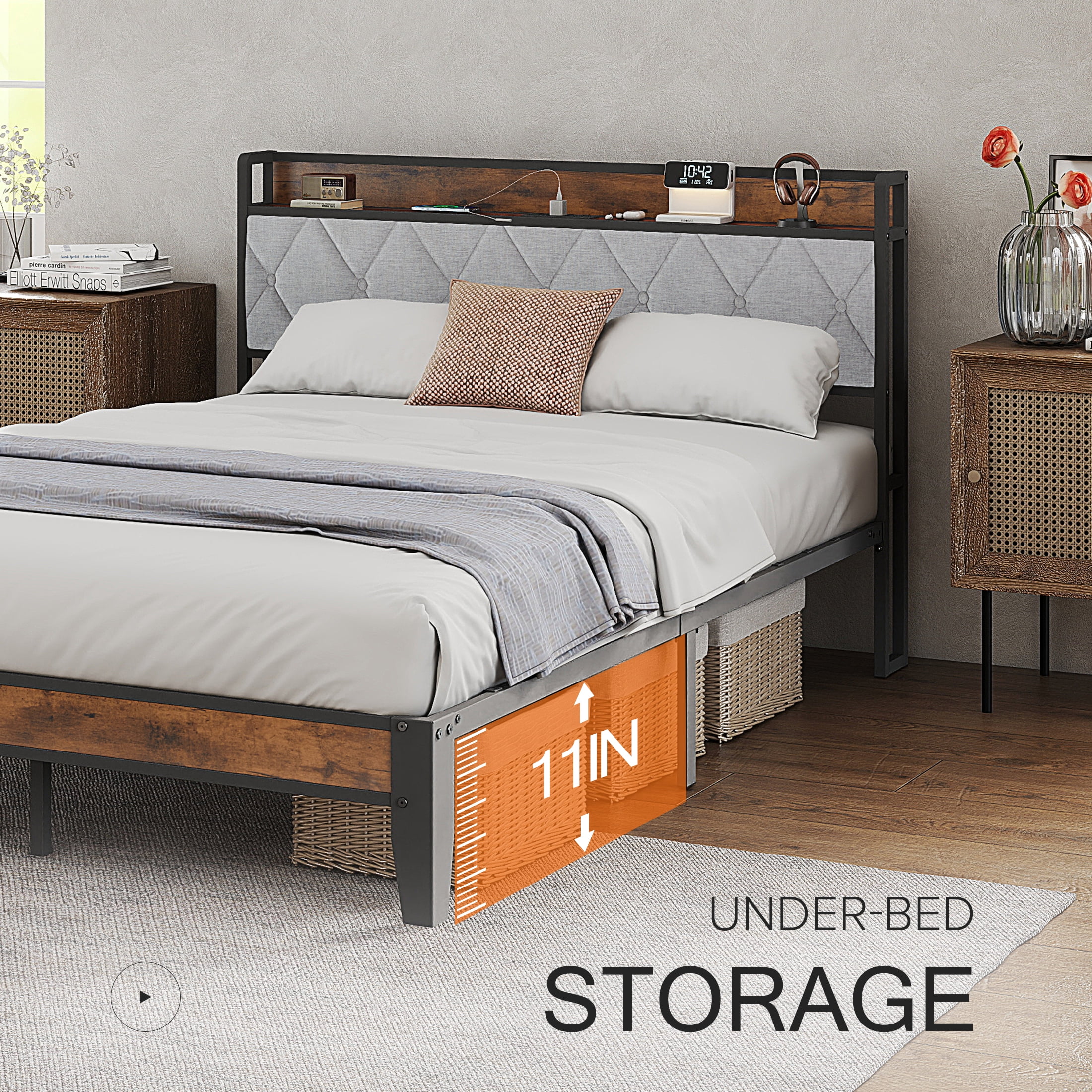 MCQ Modern Bed Frame with Charging Station, Metal Bed Frame with Upholstered Headboard, Queen