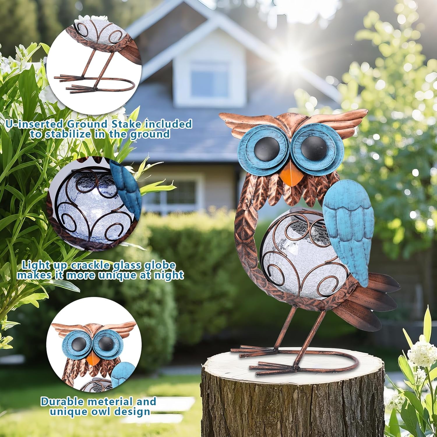 Outdoor Statue,Solar Owl Statue: Crackle Glass Globe Light, Metal Garden Sculpture for Lawn Porch Patio Outside Garden Decor