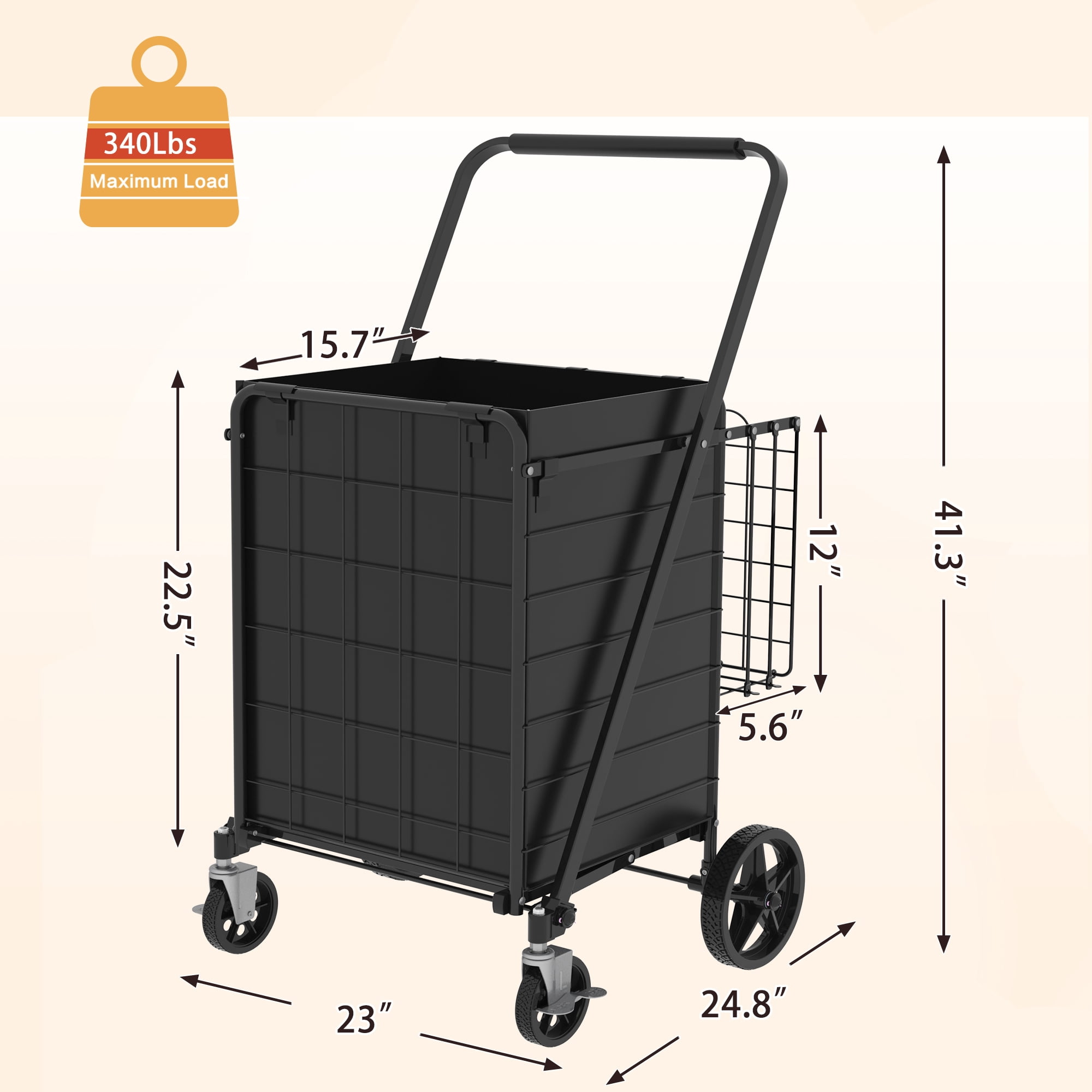 Yoneston Heavy Duty Shopping Cart with Side Basket, 340 LBS Capacity Folding Grocery Cart with Brake Wheels, Utility Cart for Laundry, Groceries, Travel, Black