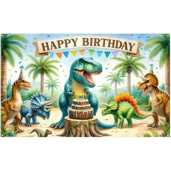 7x5FT Dinosaur Theme Birthday Party Banner - Jungle Animal-Themed Backdrop with T-Rex and Cake, Indoor and Outdoor Decorations Dinosaur Photography Background for Boy Girl Birthday Party Banner