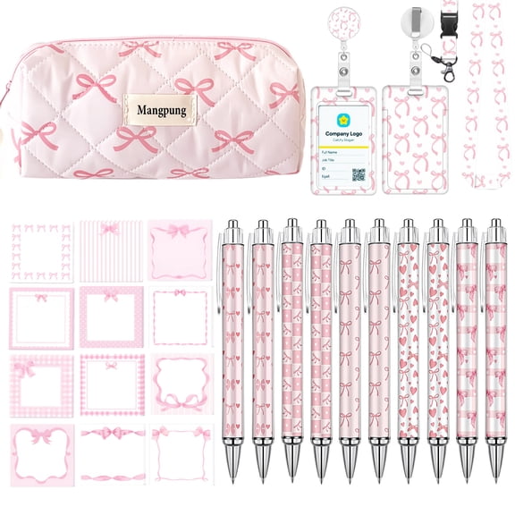 Pink Coquette Bow Stationery Set，Includes Coquette Bow Ballpoint Pens,Pink Bow Sticky Notes,ID Badge Holder,Pencil Holder,for Office Home  Supplies