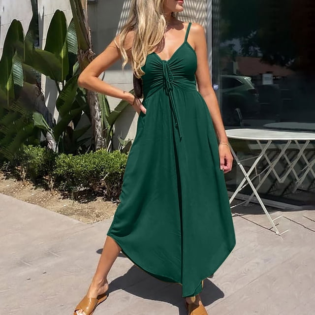 BEFOKA Womens Plus Size Pants,Summer Pants Clearance for Womens,Women'S Solid Color Drawstring Pocket Irregular Wide-Leg Jumpsuit