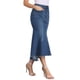 thumbnail image 4 of Falda midi casual de mujer de mezclilla desgastada con cola de pez, cintura alta, dobladillo sin terminar y bolsillos en azul profundo, 4 of 6