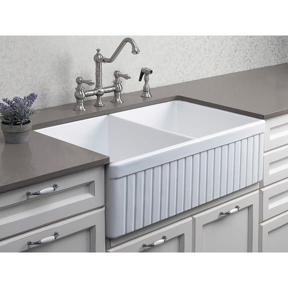 ALFI brand AB537-W White 32" Fluted Apron Double Bowl Fireclay Farmhouse Kitchen Sink