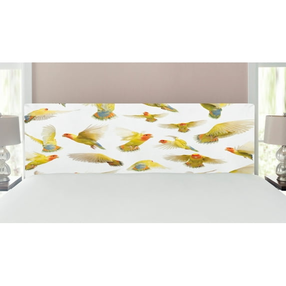 Birds Headboard, Composition of Flying Rosy Peach Faced Love Birds Wild Life Colored Feathers Wings, Upholstered Decorative Metal Bed Headboard with Memory Foam, King Size, Multicolor, by Ambesonne