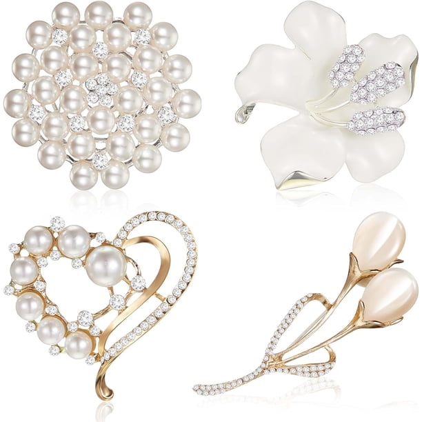 Broche de 4 piezas para mujer, con forma de corazón de imitación de perlas de vidrio y diamantes de imitación para mujer, boda nupcial