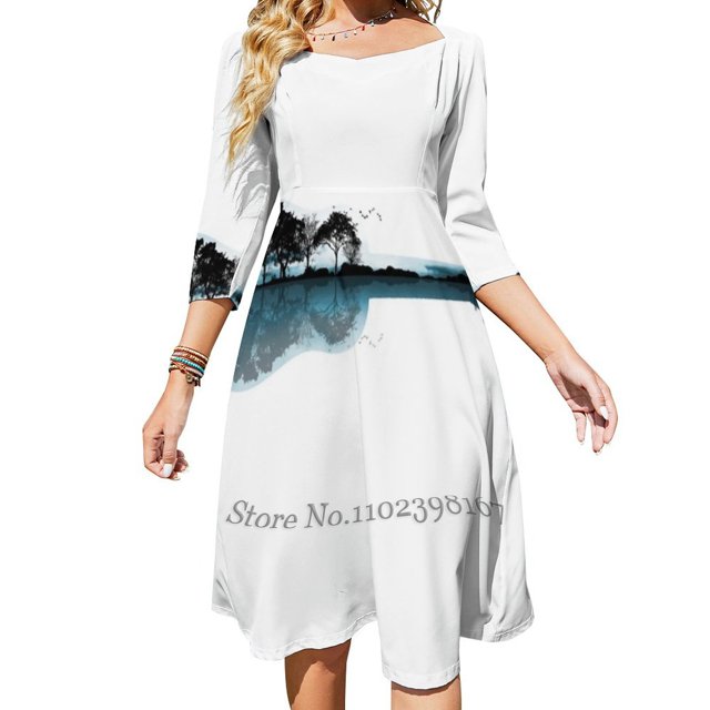 Robe Évasée Guitare Nature Col Carré Élégante Mode Féminine Imprimée Guitare Arbre Nature