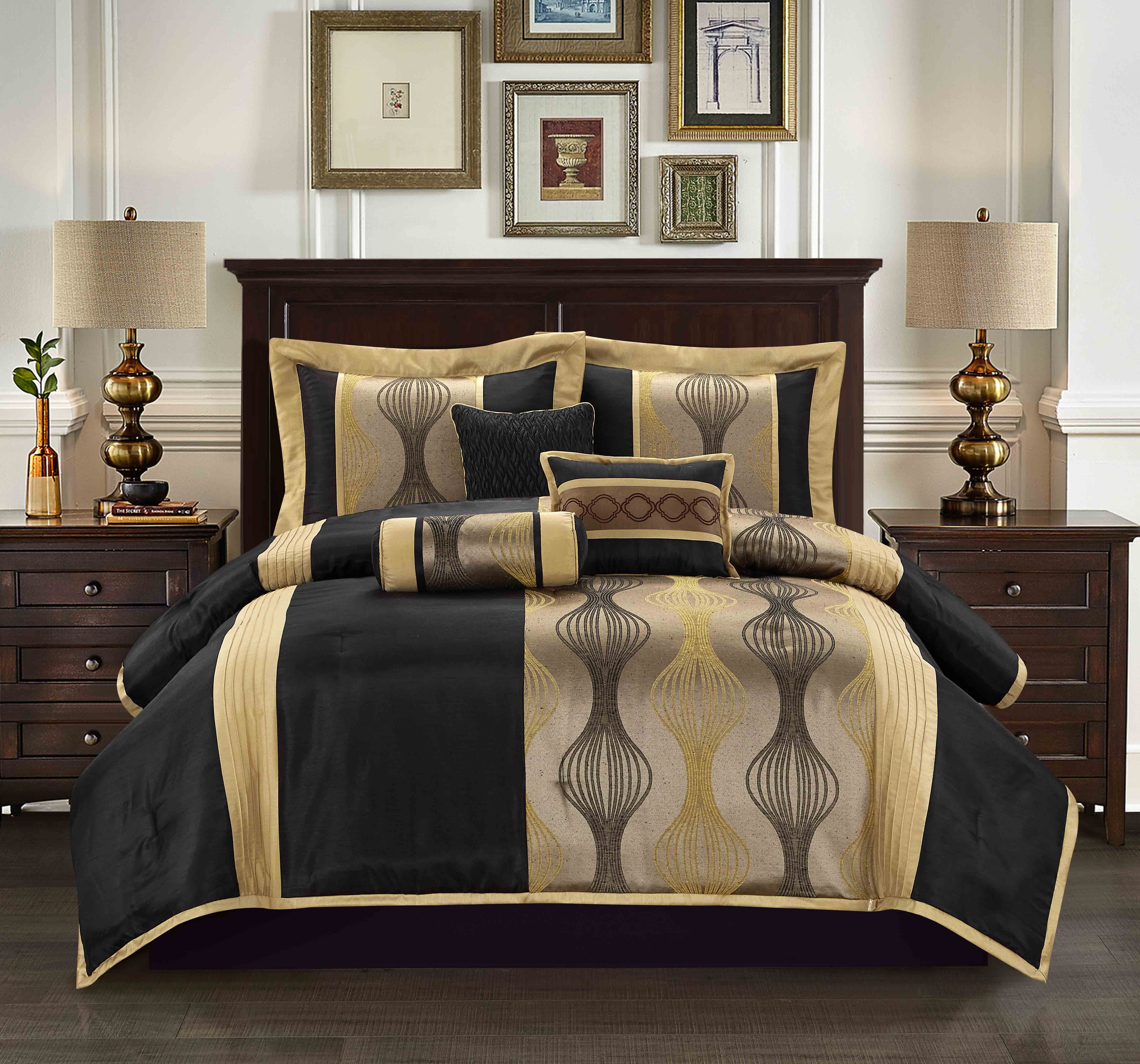 Lanco Moderna 7-Piece Bedding Comforter Set, Black Gold, Bed Size Queen