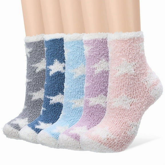 Bocaoying 5 Pairs Fuzzy Socks for Women, Plush Slipper Socks Women, Warm Cozy Fluffy Socks Cute Star Patterned Coral Fleece Socks,Winter Slipper Socks Thick Plush Bed Socks for Casual Home Sleeping