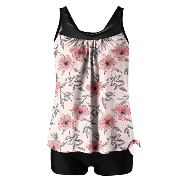 Traje de Baño de Mujer con Pantalones Cortos de Cintura Alta Impreso Traje de Baño de Dos Piezas, Traje de Baño de Torso Largo con Almohadillas Extraíbles Y Correas Ajustables, Set de Ropa de Playa d