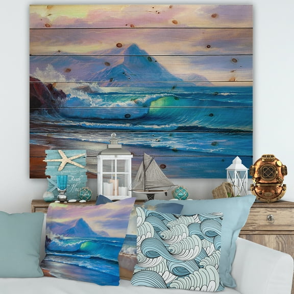 Designart 'Blue Waves Breaking At The Beach Landscape I' Nautical & Coastal Print on Natural Pine Wood