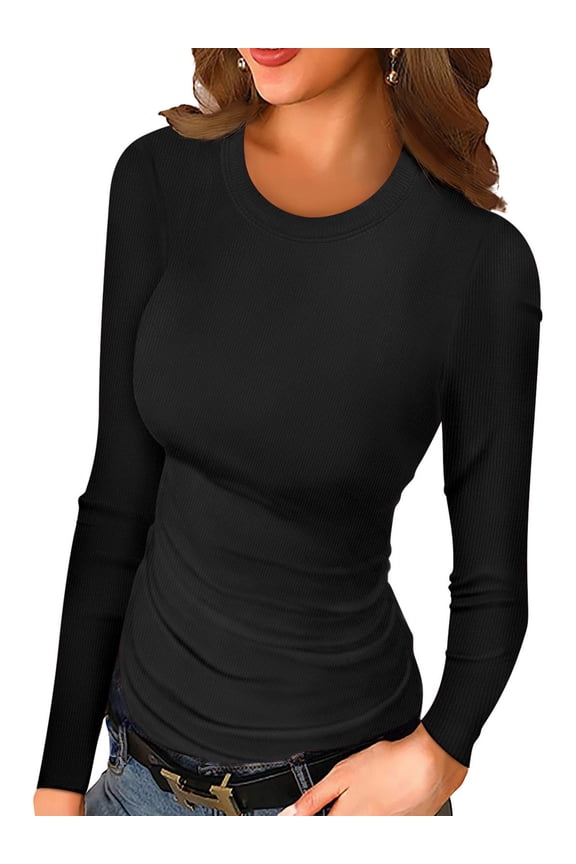 Women Long Sleeve Top Casual Basic Slim Knit Ribbed T Shirt