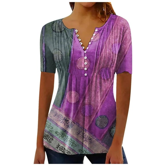 Womens Summer Tops Comfortable V Neck Tunic Top Buttons Blouse Short Sleeve Shirts for Women Hot Pink L