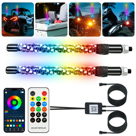 Kepeak 2PCS 1FT RGB Whip Lights,LED Whip Light with App & Remote Control Spiral Chasing Lighted Antenna Whips