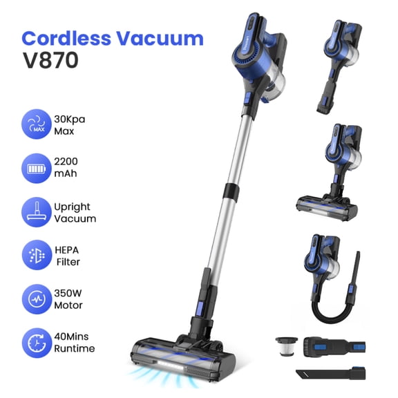BLUE Cordless Vacuum Cleaner | 30KPa Suction Power | 350W Motor | 8-in-1 Versatile Stick Vacuum for Home Cleaning