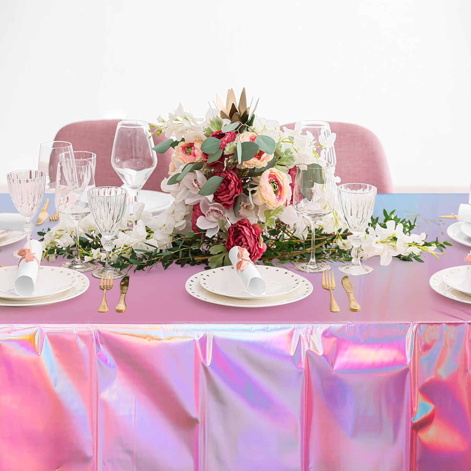 QIANJIA 4 Pack Iridescent Pink Plastic Tablecloths Shiny Disposable Laser Rectangle Table Covers,Holographic Foil Tablecloth Iridescent Party Decorations for Birthday Wedding Christmas, 54x108Inch