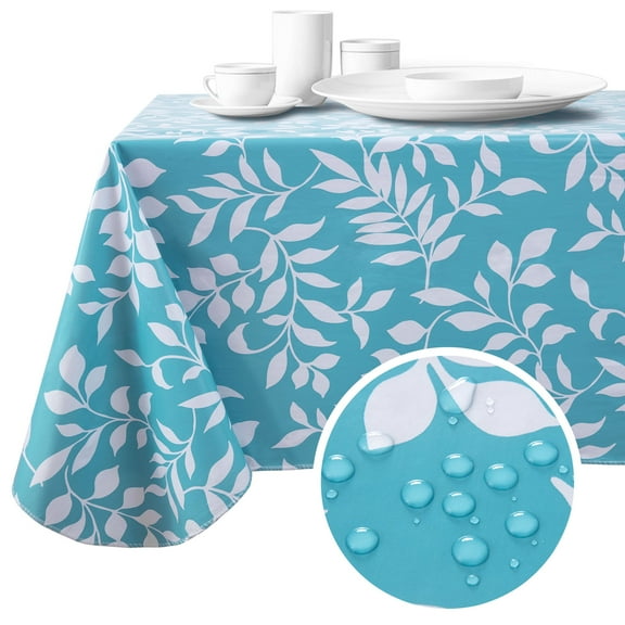 Springrain Leaf-Pattern Vinyl Tablecloth, Waterproof Flannel Backed Cover, Wipeable for Kitchen & Indoor, Aqua Blue White Leaves, 52"x52"/52"x70"/60"x60"