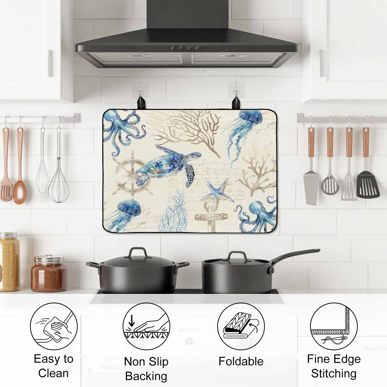 Nautical Coastal Stove Top Cover for Electric Stove, Heat-proof & Non Slip Glass Top Stove Cover Protector, Vintage Beach Octopus Turtle Jellyfish Kitchen Flat Cooktop Rubber Mat 24x21 Inches
