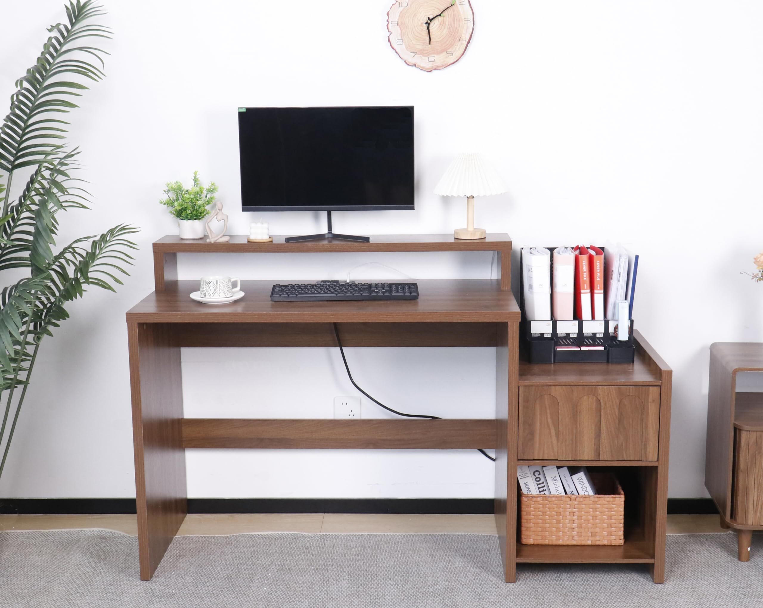 60 Inch Executive Desk with Drawer, Farmhouse Walnut Home Office Computer Desk with Printer Shelf, Monitor Stand & Charging Station