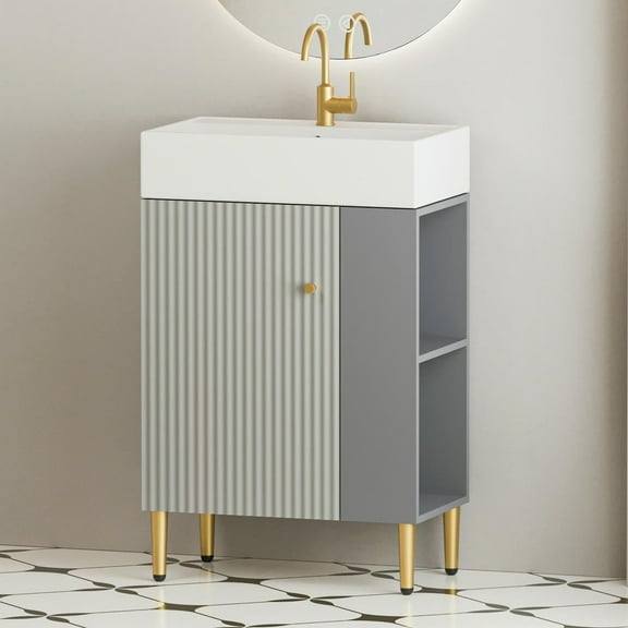 Spaco 21.6" Open-shelving Bathroom Vanity with Ceramic Sink and Soft-Closing Door, Cloakroom Open Shelf Storage Cabinet on the Right Side, Gray