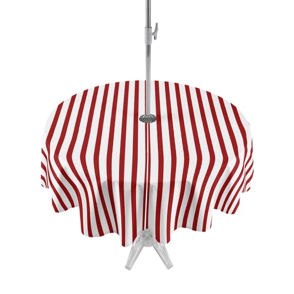 Outdoor Tablecloths with Umbrella Hole & Zipper, Thin Red Striped Round Tablecloth 54 Inch, Farmhouse Modern Red Stripes Waterproof Table Cloth, Patio/Pool/Picnic Table Covers