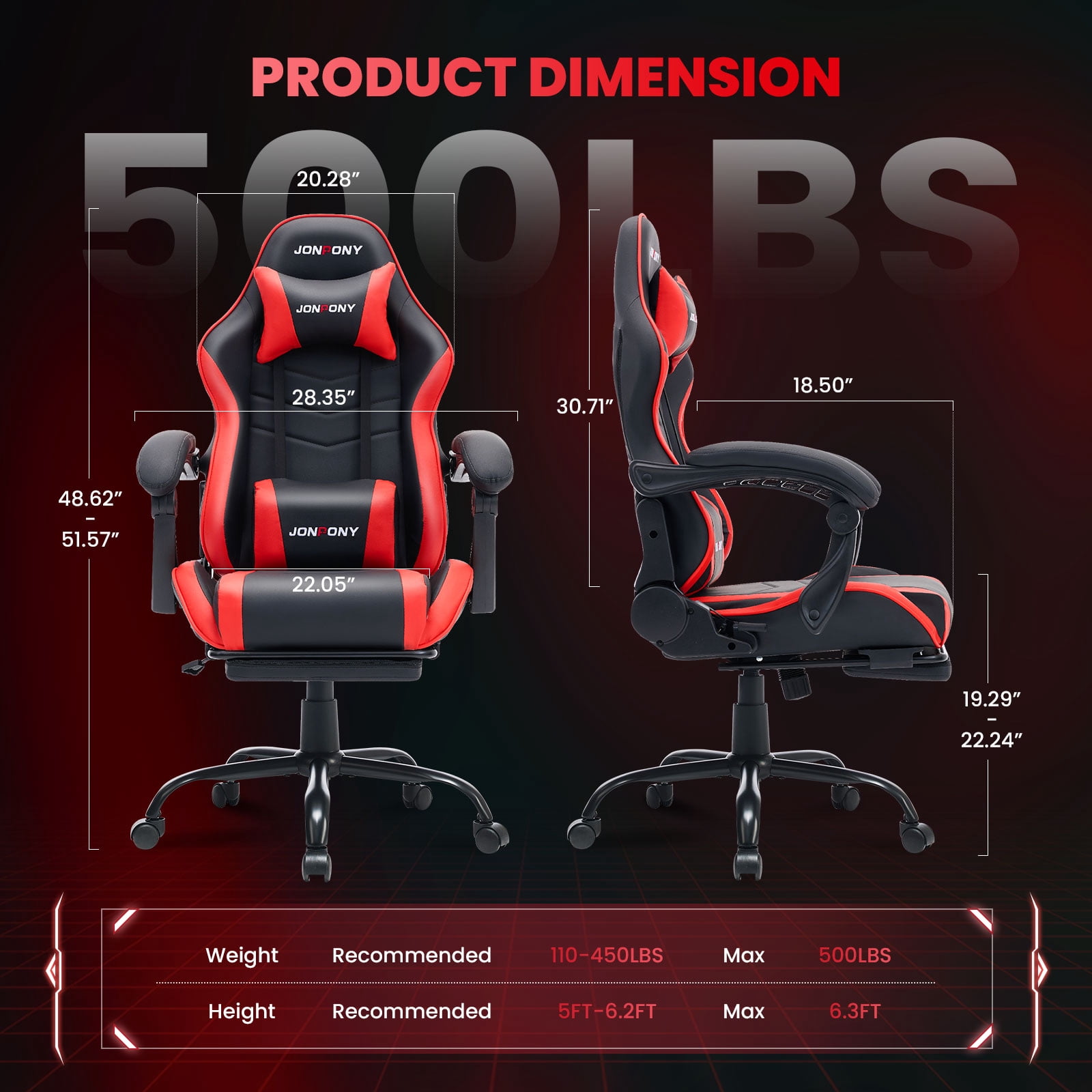 JONPONY Big and Tall 500LBS Gaming Chair, Ergonomic High Back Gamer Chair with Footrest Lumbar Support, PU Leather Office Computer Chair for Long Sitting, Red