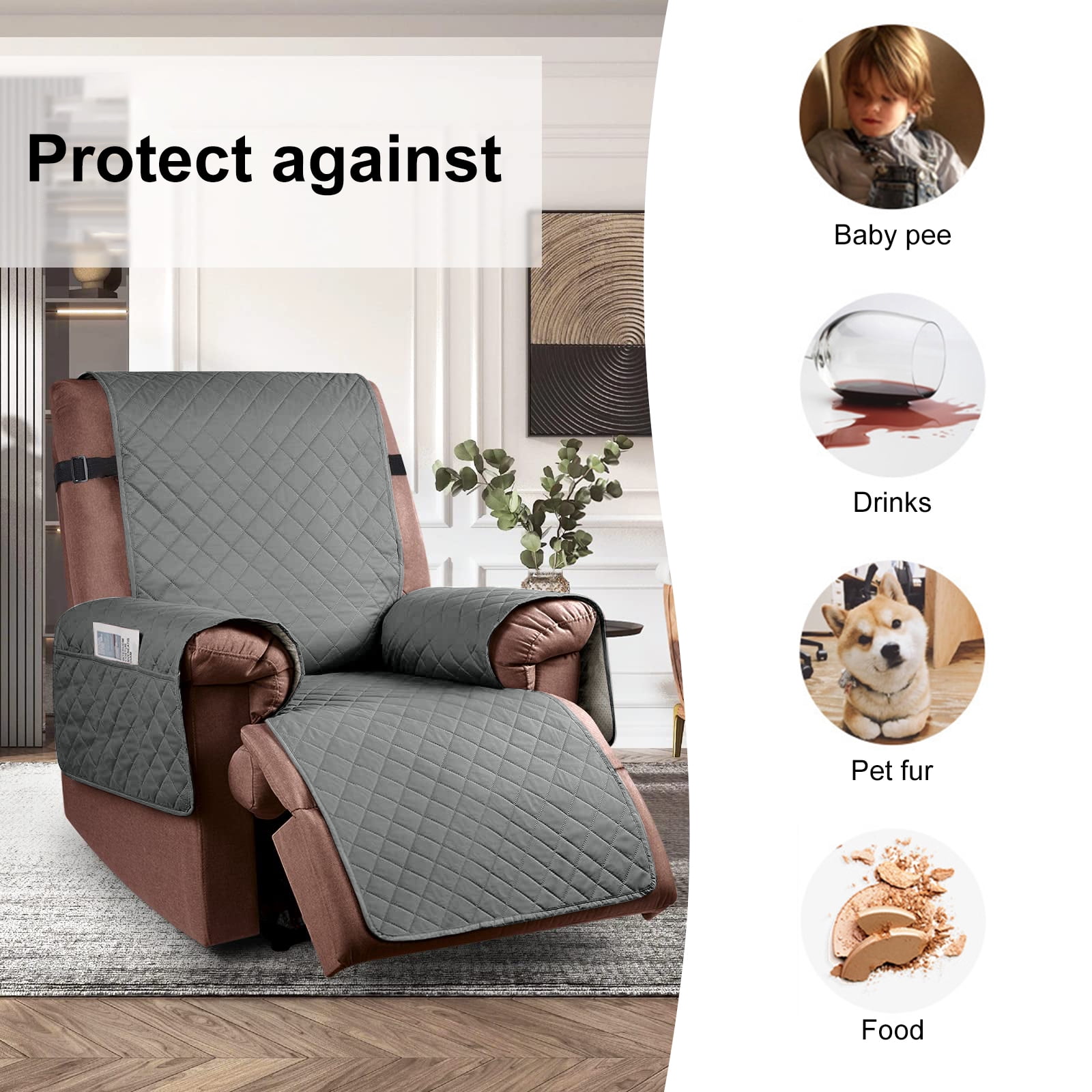 Sanmadrola Recliner Chair Cover Reversible Small Recliner Slipcover for Dogs Seat Width to 28 Inch Washable Couch Cover with Elastic Straps for Kids and Pets(Large Recliner, Grey)