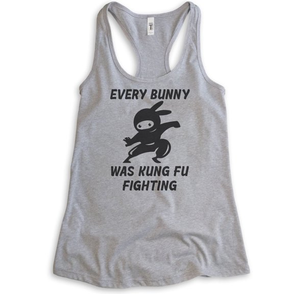 Every Bunny Was Fung Fu Fighting Tank Top, Ladies Racerback Tank Top, Easter Rabbit Bunny Tank, Ninja Tank, Heather Gray, Medium