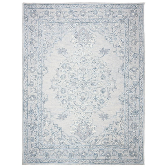 SAFAVIEH Micro-Loop Britton Floral Bordered Wool Area Rug, Light Blue/Ivory, 5' x 8'