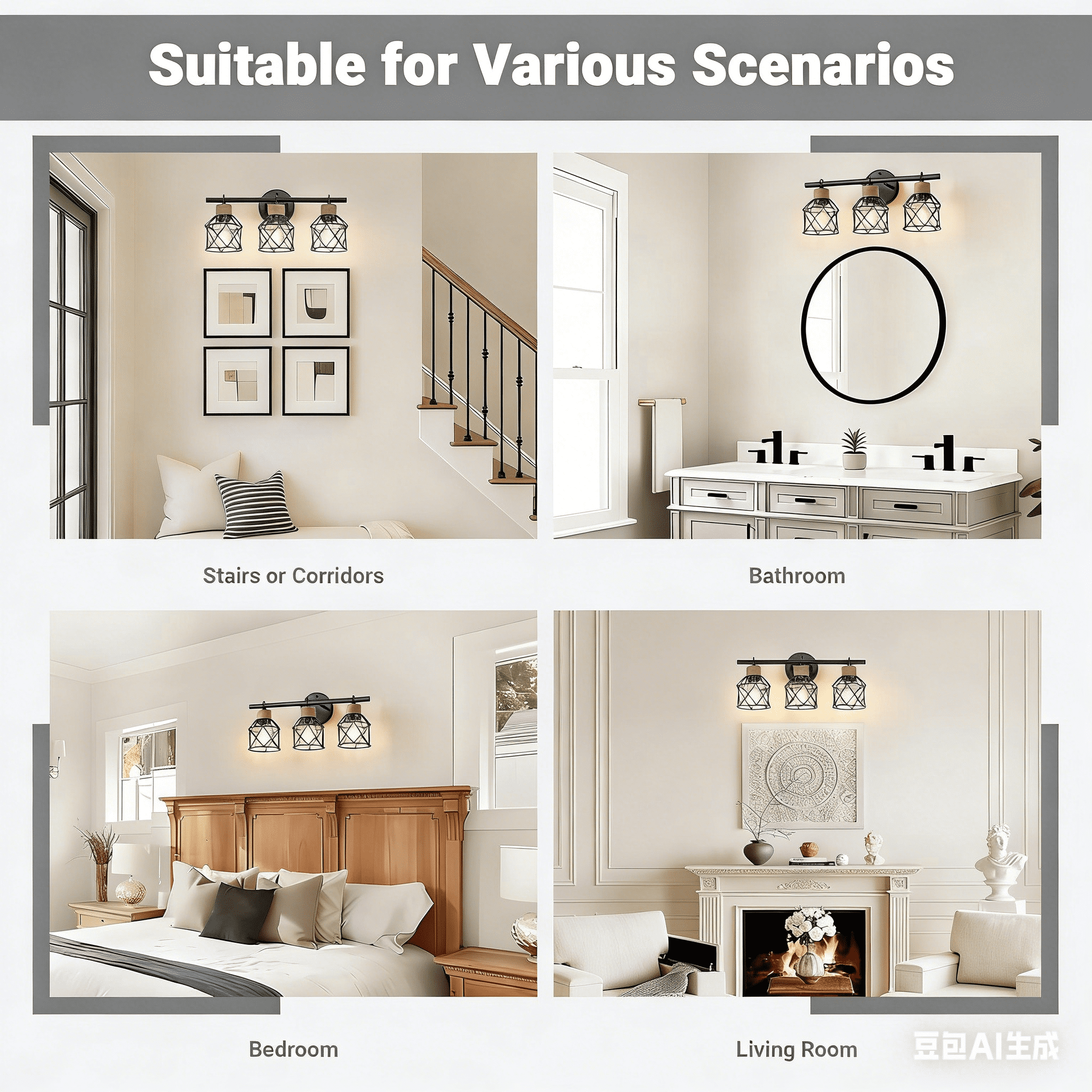 3-Light Bathroom Light Fixture Over Mirror Matte Black Farmhouse Vanity Light for Bathroom Rope Wrapped Rustic Industrial Vanity Lighting Fixture with Metal Lampshade for Hallway Porch