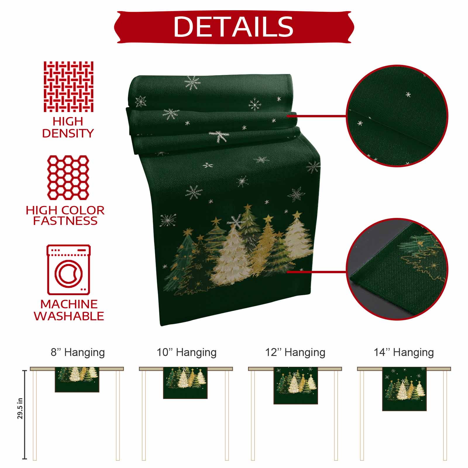 Green Christmas Tree Dresser Scarf Farmhouse, Dining Table Decorations for Wedding/Parties, Xmas Tree Winter Snowflake Table Runner 108 Inches Long for Kitchen Dining, 13 x 108 In