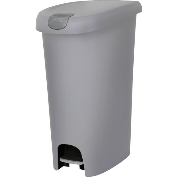 Hefty Kitchen Trash Can, 12 Gallon Plastic Slim Step Garbage Bin with Locking Foot Pedal Lid, Gray