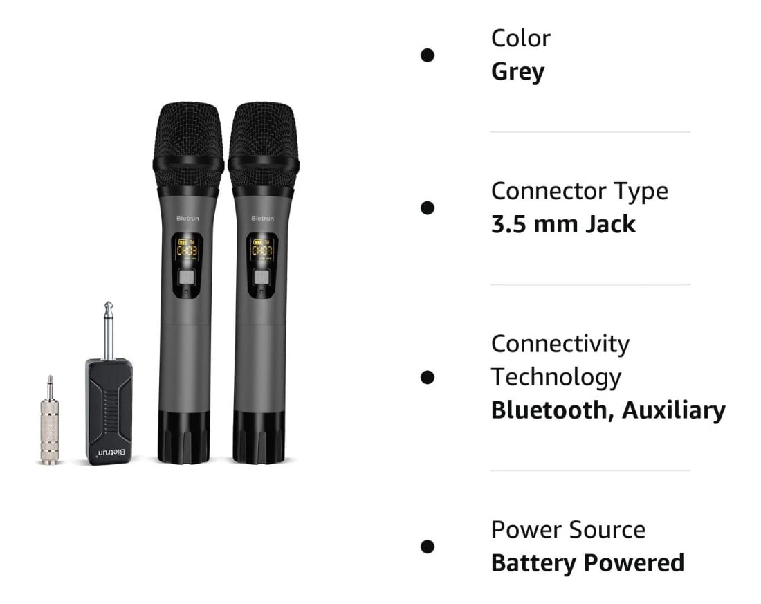 Wireless Microphone, Bietrun UHF Metal Dual Handheld Cordless Dynamic Mic System with Rechargeable Receiver, 1/4‘’Output, for Karaoke, Church, Speech, Wedding, Party Singing(160 ft Range)