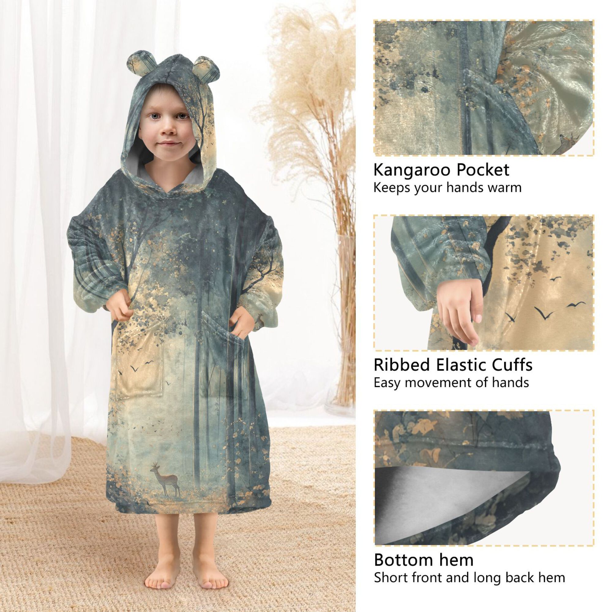 FORMRS Wearable Blanket Hoodie with Sleeves for Kids Cozy Flannel Sweatshirt, Retro Forest