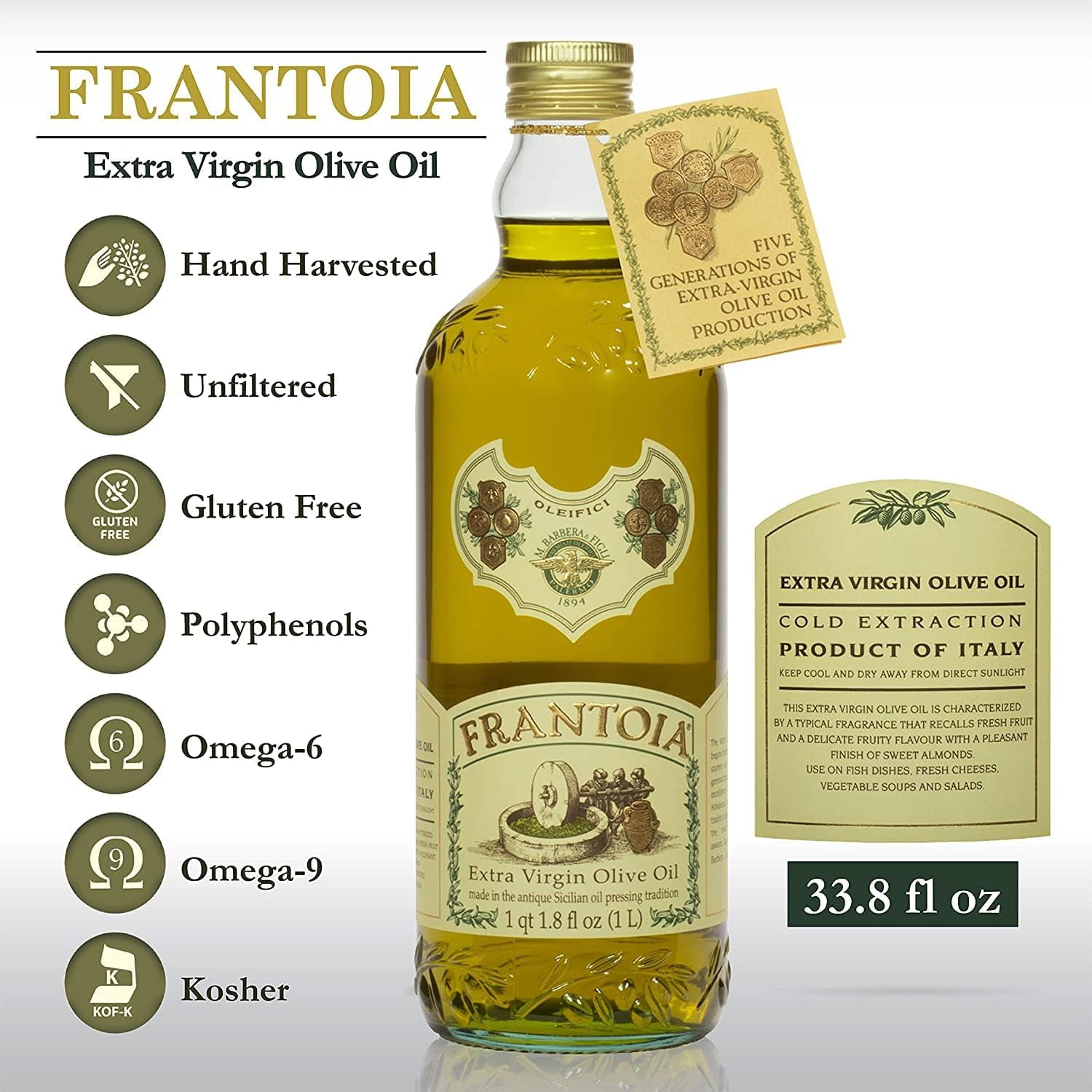Frantoia Extra Virgin Olive RE32&nbsp;Oil from Italy - Fruity, Unfiltered, Cold Extracted Authentic Sicilian Olive Oil - Fresh Harvest Imported Olive Oil From Italy - 33.8 Fl Oz - Pack of 2
