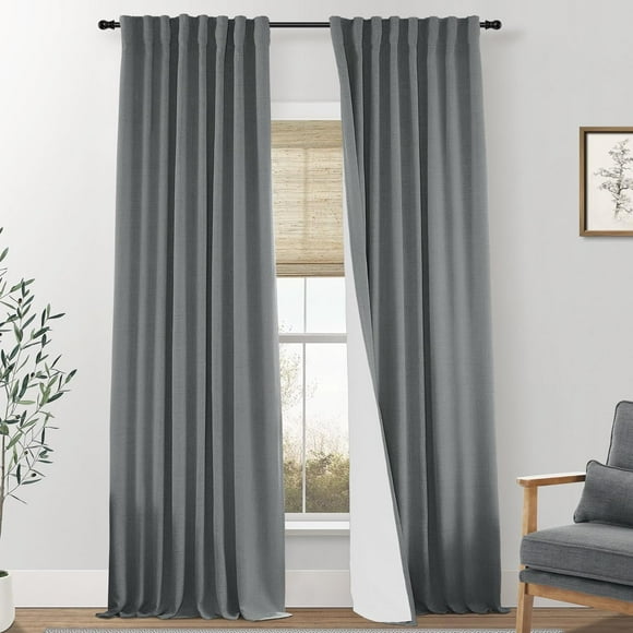 AIR-Grey Black Out Curtains 96 Inch Long 2 Panels for Bedroom Living Room Dining Office 100% Blackout Cute Custom Curtains Linen Back Tab with Insulated Liners, Dark Grey