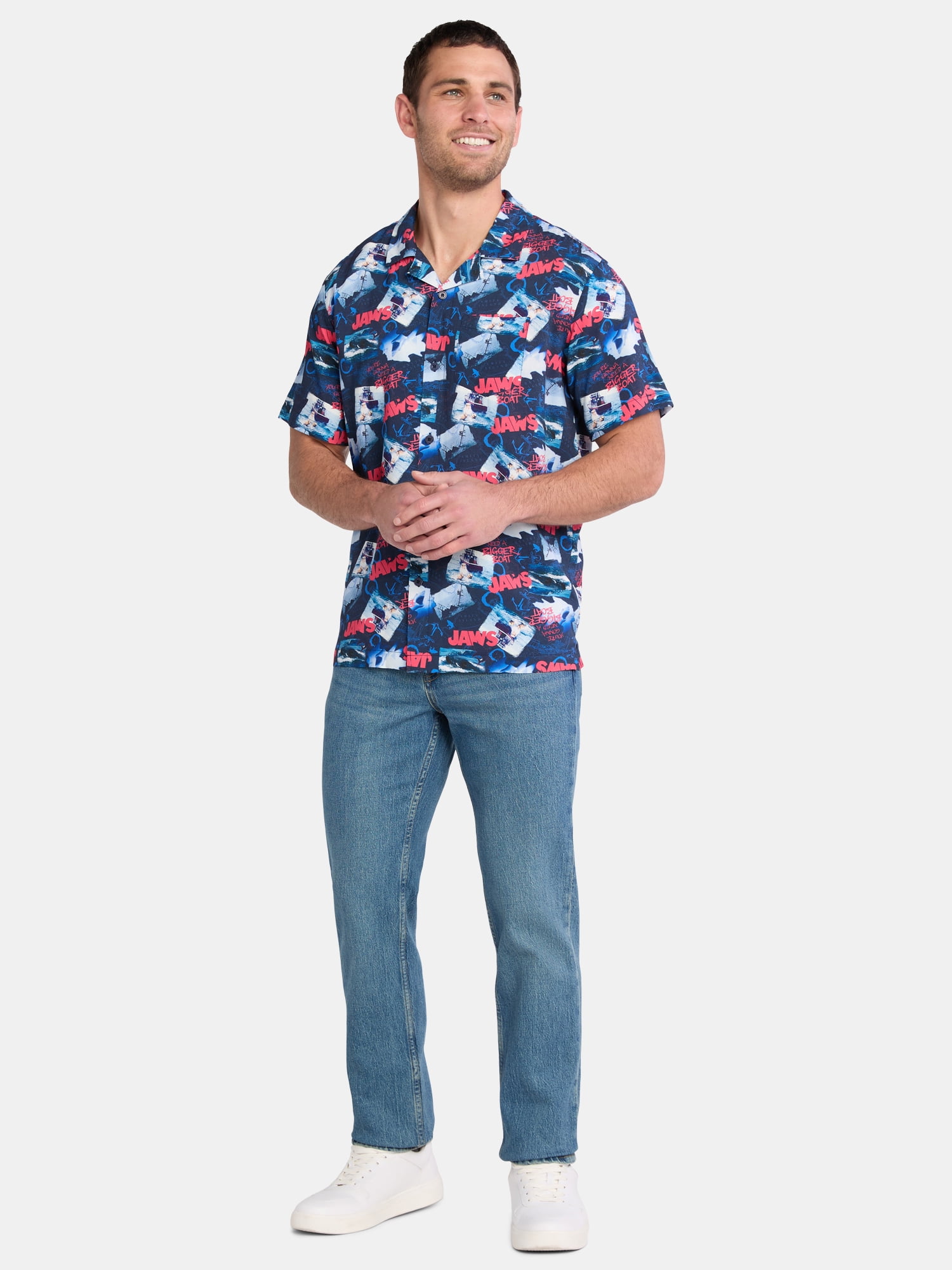 Jaws Men's Print Button Up Shirt with Short Sleeves, Sizes XS-5XL