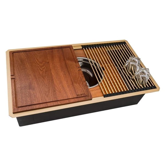 Ruvati RVH6222GG 33 in. Polished Brass Stainless Steel Workstation Two Tiered Ledge Undermount Kitchen Sink, Matte Gold