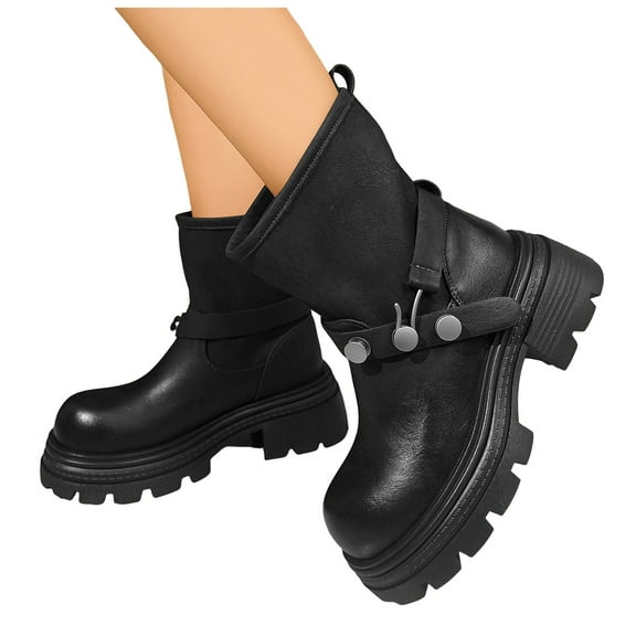 Womens Platform Ankle Boots Chunky Lug Sole Wide Calf Buckle Strap Riding Booties Round Toe Black Brown Leather Pull on Fall Winter Boots