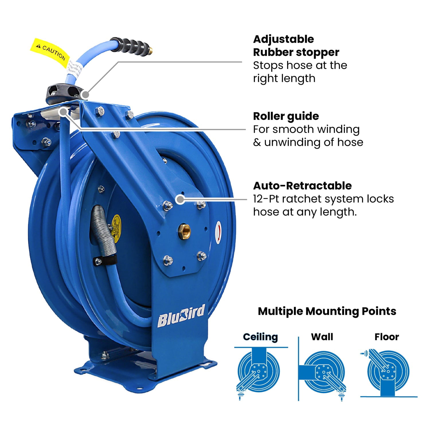 BluBird 3/8" x 50' Retractable Dual Arm Air Hose Reel, 300 PSI Rubber Hose, Heavy-Duty Steel, Commercial & Industrial Use