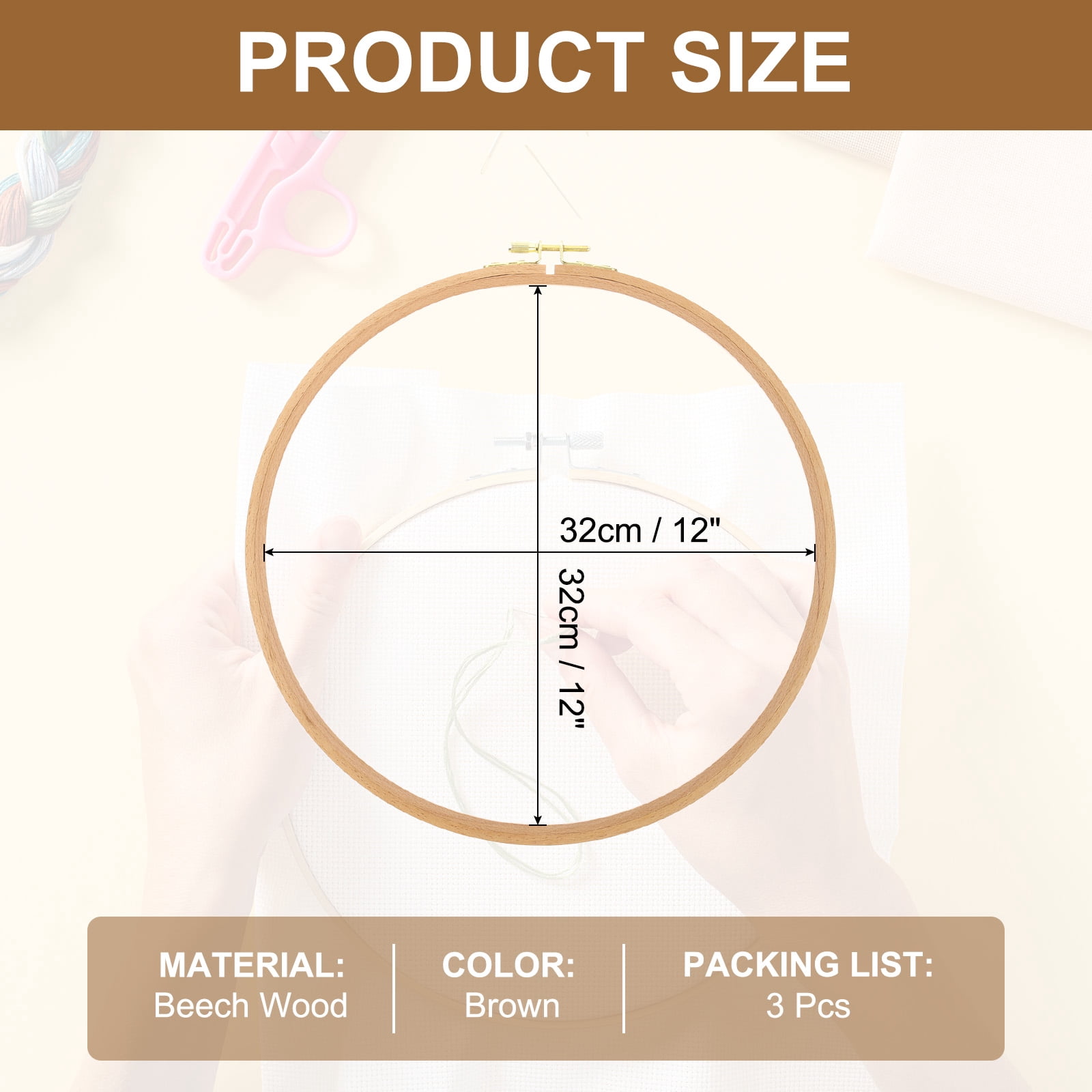 Uxcell 3 Pieces 12 Inch Beech Wood Embroidery Hoops, Circle Cross Stitch Hoop Frames with Adjustment Brass Screw