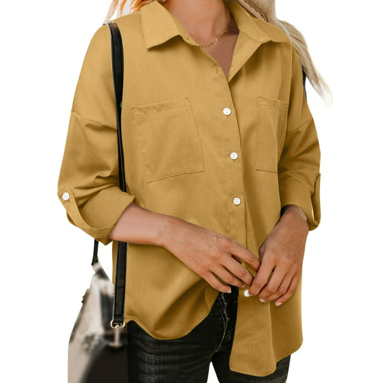 Deep V Neck Lady Button down Blouses Women Fashion Loose Denim Shirt Pocket Long Sleeve Casual Shirt Solid Color Shirt Tops Coat Women Shirt Fitted